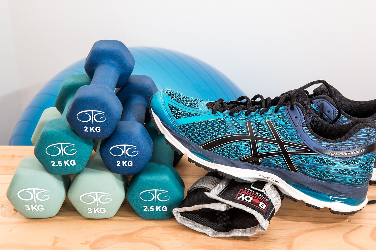 dumbbells, shoes, sneakers, rubber shoes, fitness