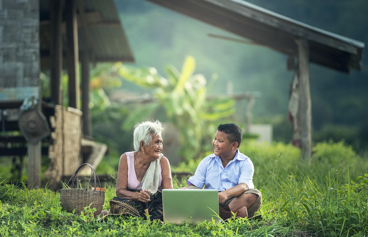 grandmother, kids, laptop, myanmar, burma