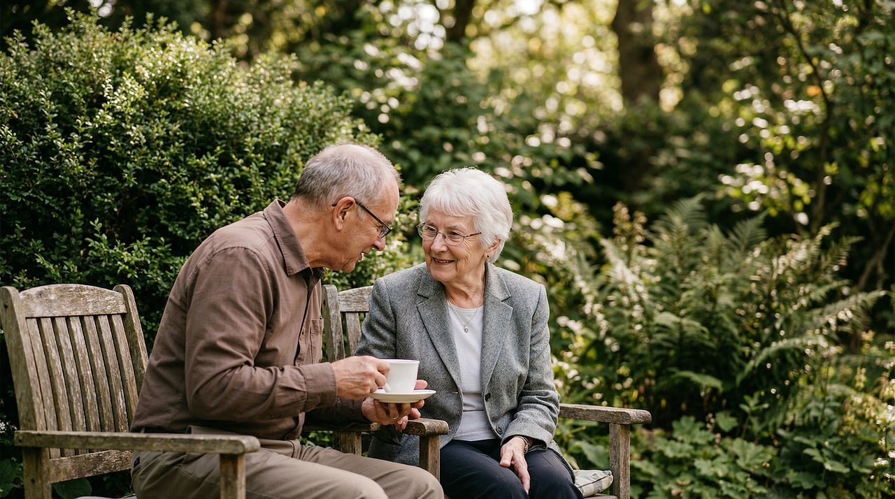 elderly, couple, garden, conversation, outdoors
